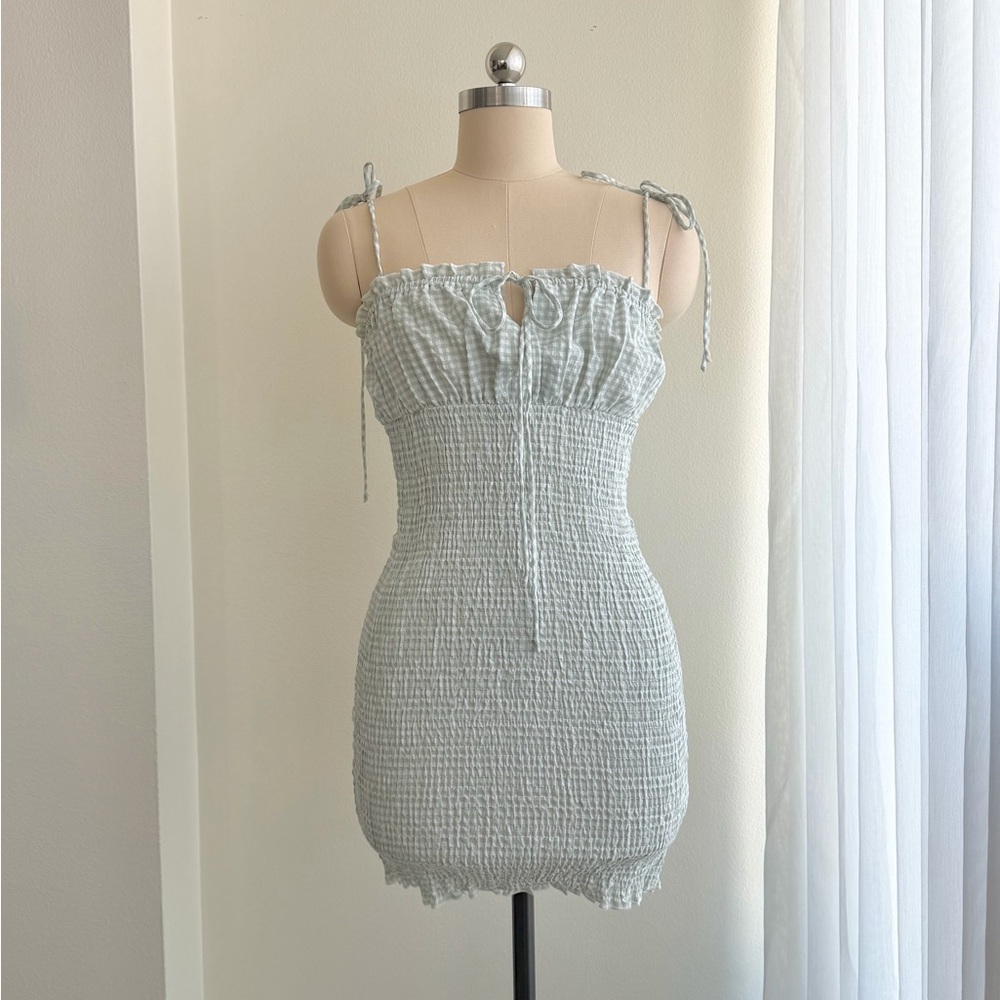 Smocked Tie-Shoulder Mini Dress in Light Sage